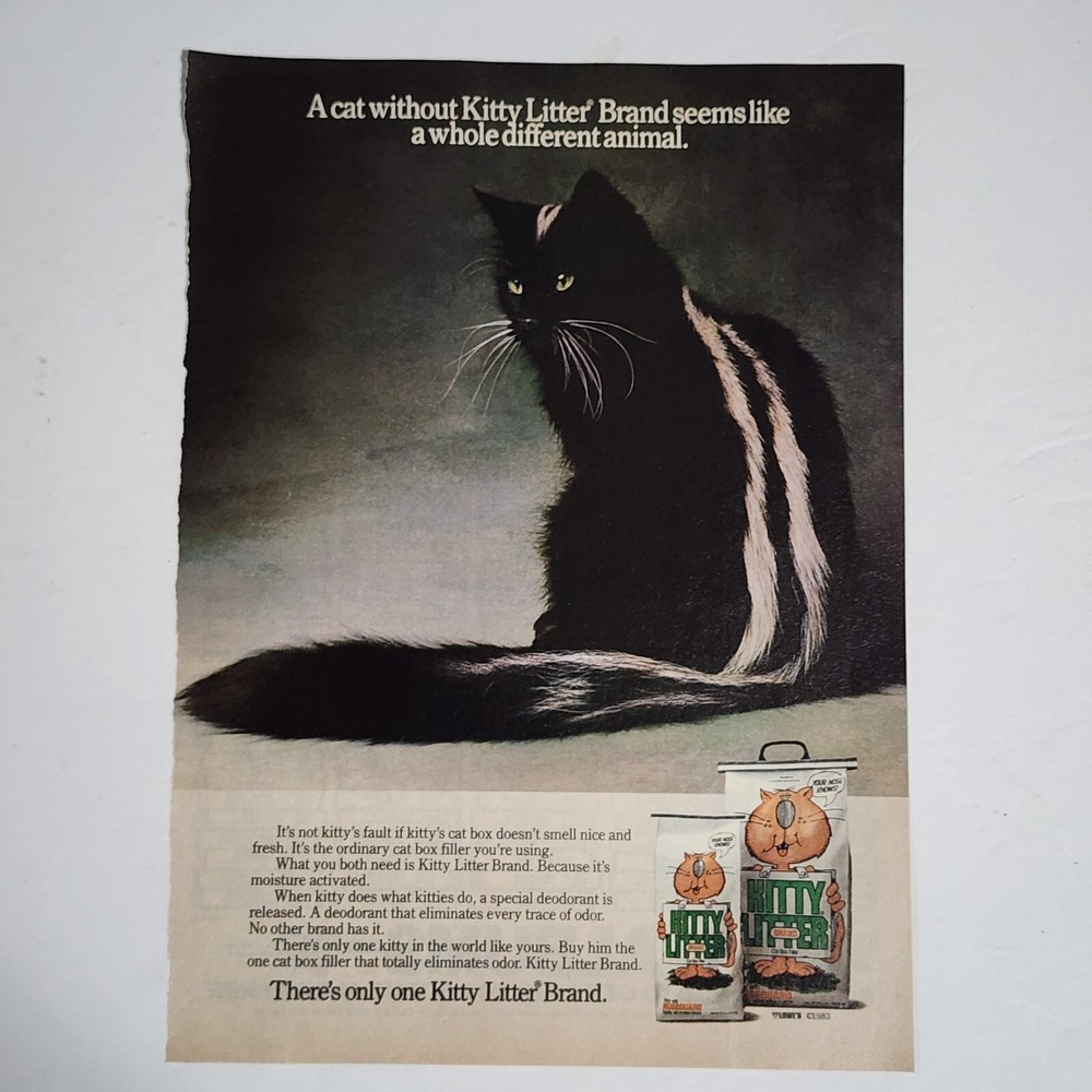 Vintage Print Ad Kitty Litter Brand black & white cat skunk clipping 1983 8x10.5